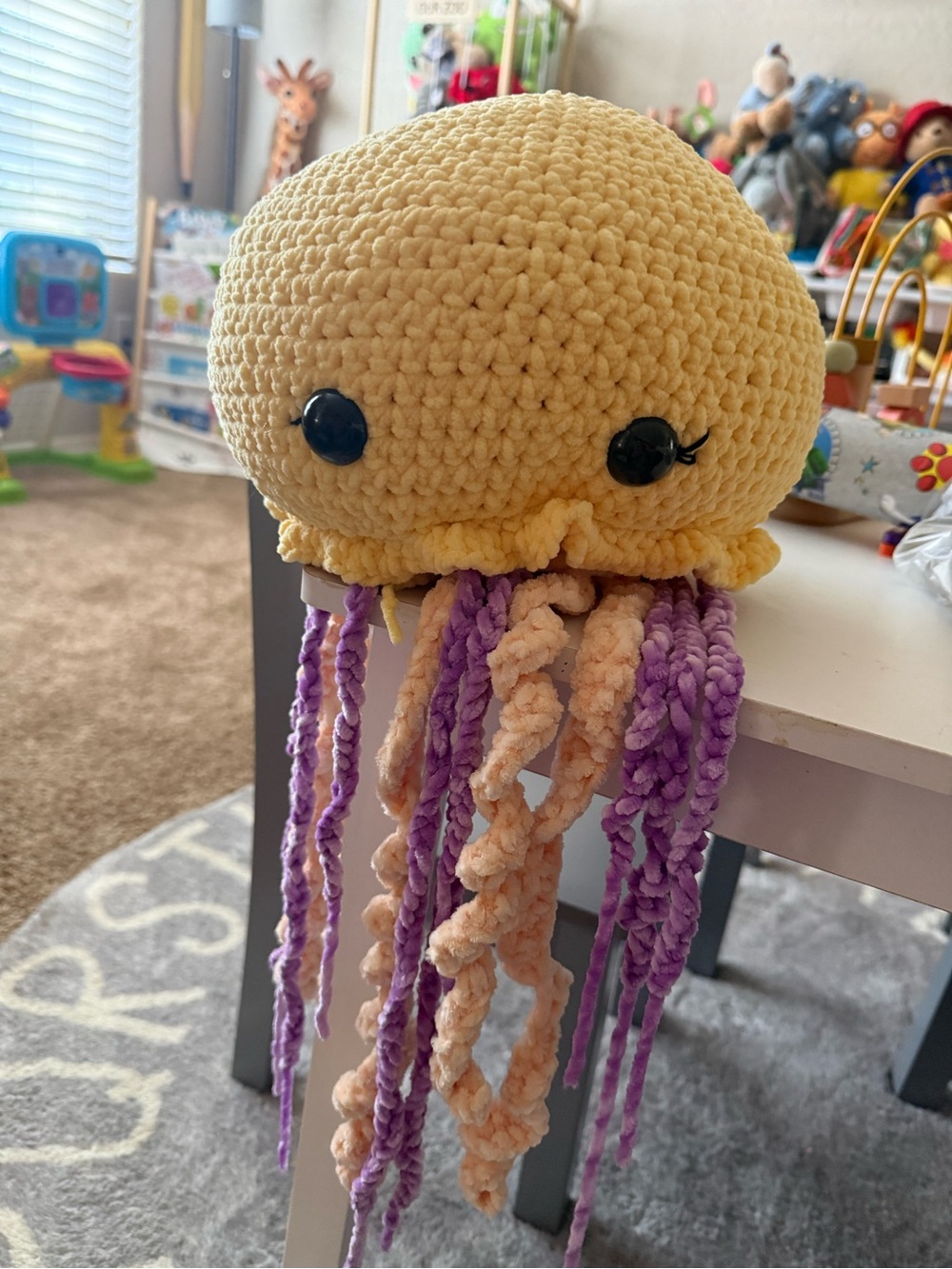Handmade Yellow Crochet Jellyfish Plush with Purple and Cream Tentacles w/Babies